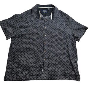 Nat Nast Button Down Shirt Mens XXL Navy Silk Cotton Geometric Short Sleeve